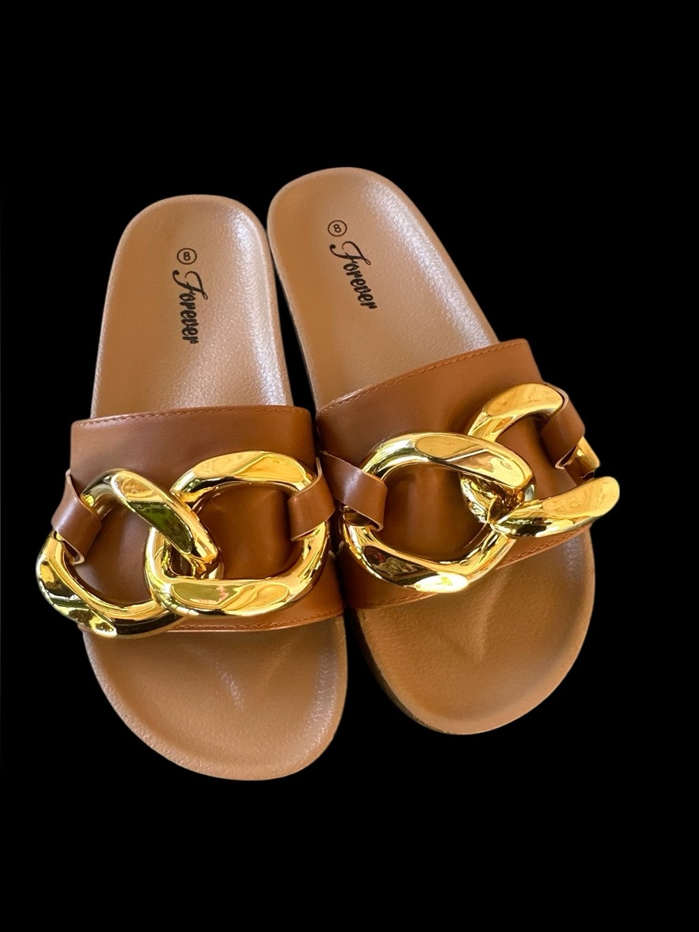 Brown Slide Sandals with Oversized Gold Chain